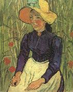 Vincent Van Gogh Young Peasant Woman with Straw Hat Sitting in the Wheat (nn04) oil painting reproduction